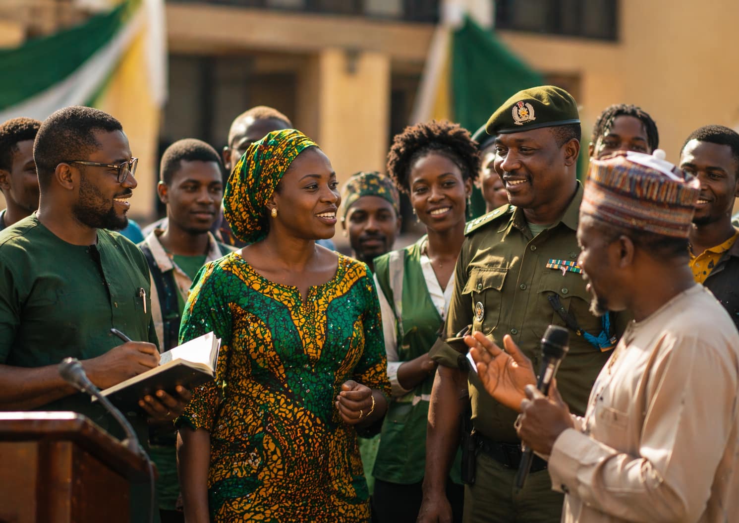 Citizens and military personnel in a public dialogue setting