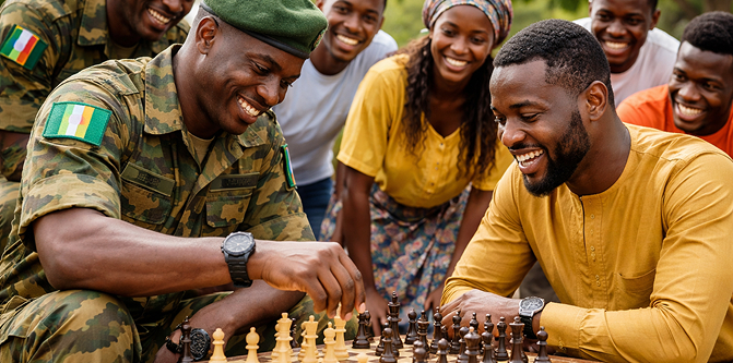 Citizens and military leaders in a town hall session